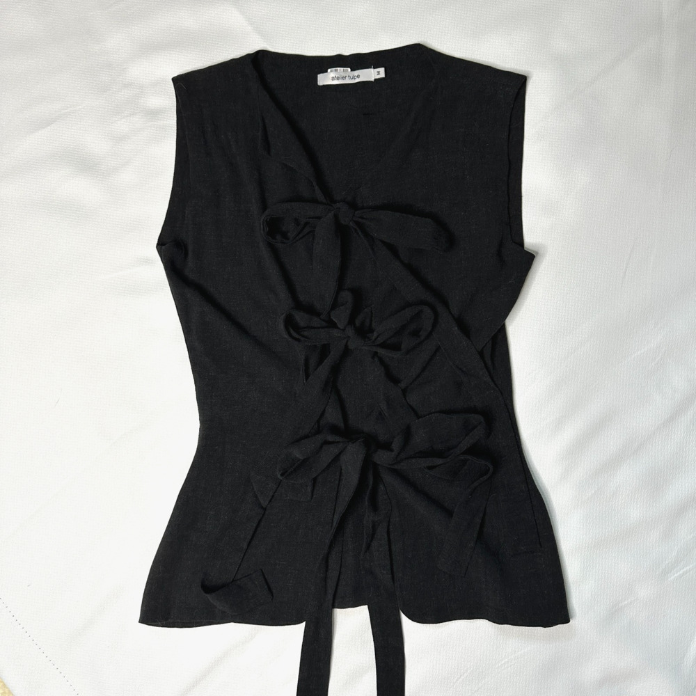 Atelier Tulpe Bowtie Vest Size M Black Sleeveless Top Tie Bow Detail Cotton